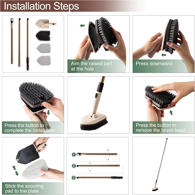 Eyliden Shower Scrubber with Long Handle, 2 Type Head, Tile Tub Scrub Brush | 49" Handle, 2 Different Function Cleaning - 1 Stiff Bristle + 2 Non-Scratch Pads, for Bathroom Grout Sink Glass Kitchen Floor