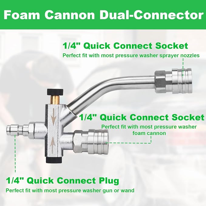 Pressure Washer Gun Foam Cannon Dual Connector Shift Valve, Car Wash Foam Cannon Kit 1/4 Inch Quick Connector 5 Pressure Washer Nozzle Tips Build-in Design Work with A Pressure Washer DUS2703