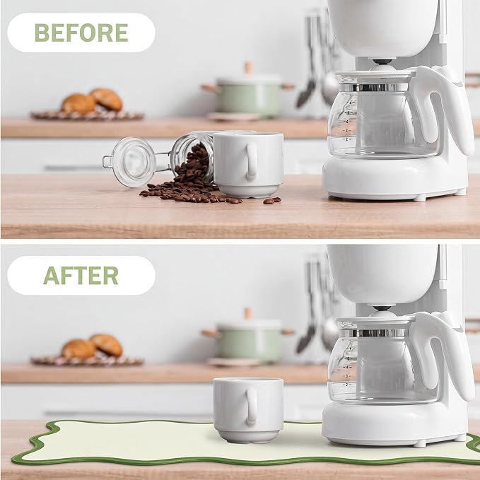 Nuanchu Green Scalloped Dish Drying Mat for Kitchen Counter, Waterproof Easy Clean Non-slip Coffee Bar Station Accessories, Trendy Cute Aesthetic Modern Drainer Kitchen Drying Mat, 12" x 19"