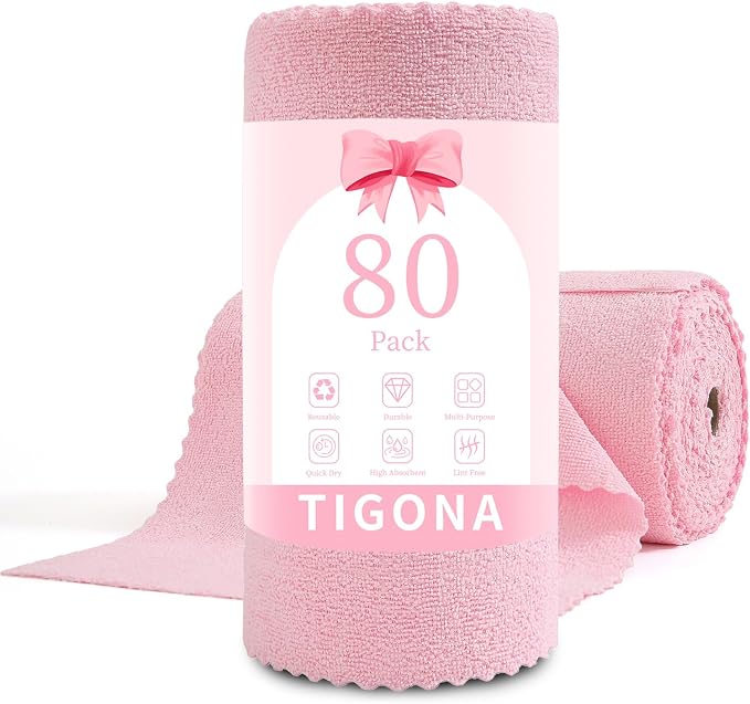 80 Pack Microfiber Cleaning Cloth Roll,Lint Free Rags & Tear Away Reusable Towels Washable Scratch,Ultra Absorbent Dish Rags(12" x 12") for Car Kitchen Home Garage-Pink