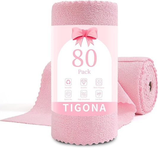 80 Pack Microfiber Cleaning Cloth Roll,Lint Free Rags & Tear Away Reusable Towels Washable Scratch,Ultra Absorbent Dish Rags(12" x 12") for Car Kitchen Home Garage-Pink