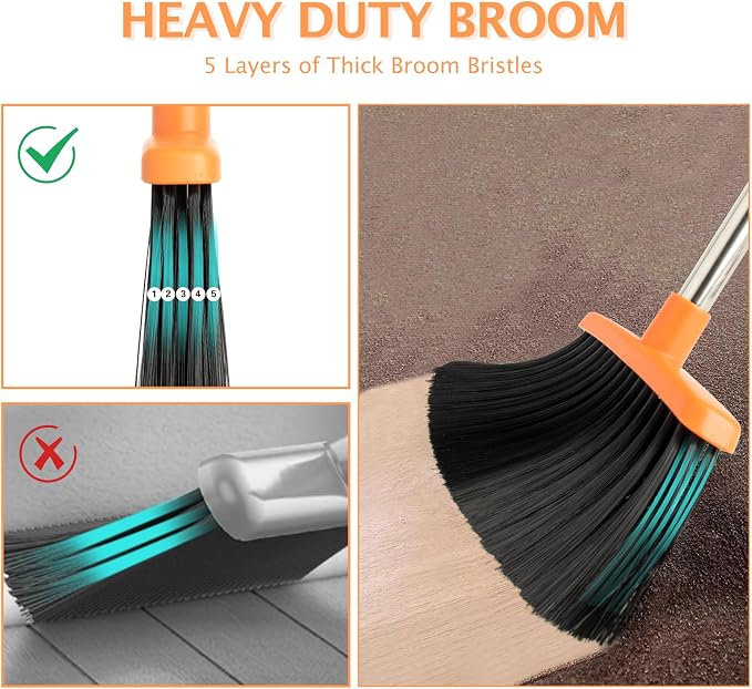 2-Pack Broom and Dustpan Combo Set, Long Handle, Gray Orange | Standing Dustpan, Heavy Dust,House Accessories for Home, Kitchen, Office, Pet Hair