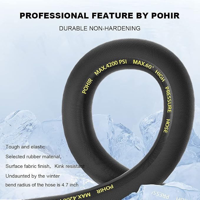 Pressure Washer Hose 150 ft with 3/8'' Quick Connector, 4200PSI | POHIR 2pcs 3/8'' QC to M22 14mm Adapters, Steel Wire Braided 1/4’’ ID Power Washing Hose, No-Kink AntiBurst Powerful Cleaning