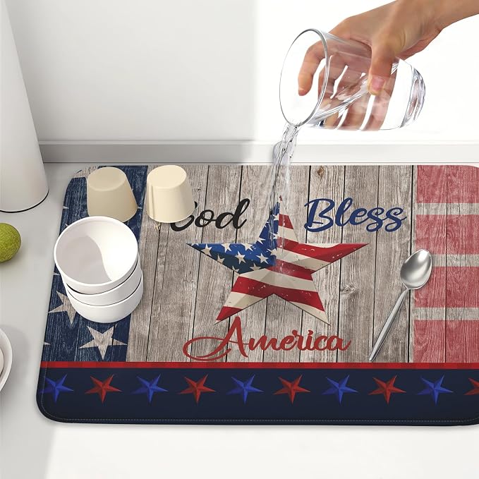 Kawani 4th of July Dish Drying Mat 18x24 Inch Patriotic God Bless America Memorial Kitchen Mats Independence Day Absorbent Dishes Pad for Kitchen Counter USA Star Drying Mat Home Decor for Countertop