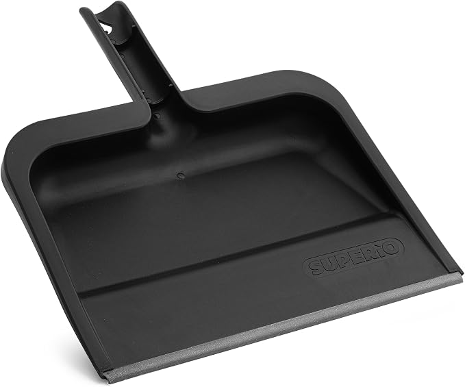 Superio Clip-On Dustpan with Rubber Lip - 10-inch Wide Durable Plastic Dust Pan with Comfort Grip Handle, (Clip-on Dustpan with Rubber Lip, Black) (Black)