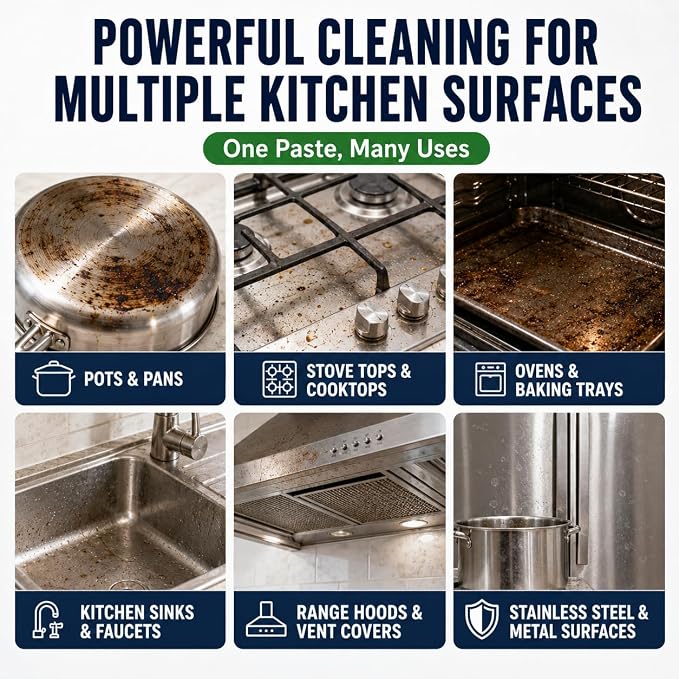 Stainless Steel Cookware Cleaner Paste for Pots and Pans | Non-scratch metal polish paste helps clean burnt stains, grease and grime on stainless steel pots, pans, cookware and sinks