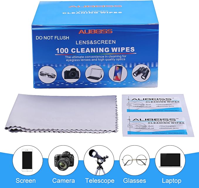 Pre-Moistened Lens Wipes ALIBEISS Screen Wipes for Glasses, Camera,Tablets, Smartphone, Screens and Other Delicate Surfaces,Pack of 100