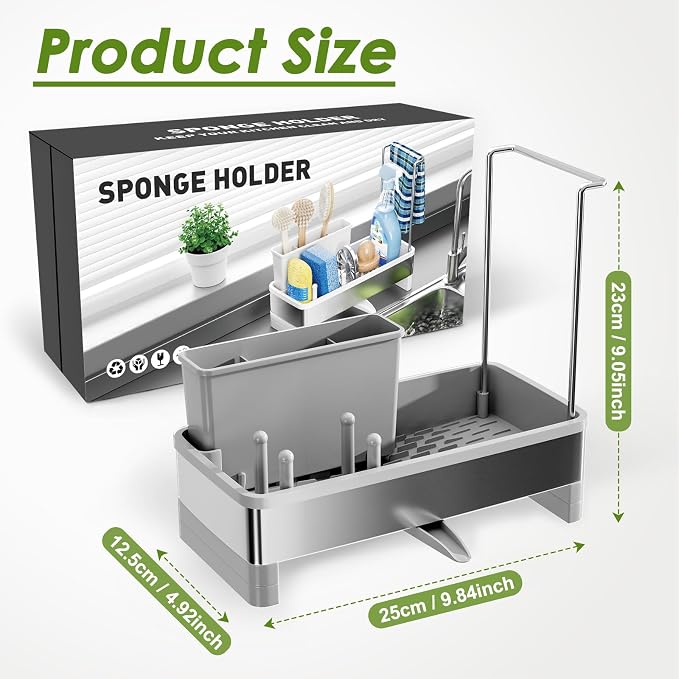 Ewaiira Stainless Steel Sink Caddy, Sponge Holder for Kitchen Sink with Brush Holder Dishcloth Rack, Rustproof Sink Organizer Countertop, Soap Dispenser Kitchen Organizers Storage Essentials, Gray9.8″