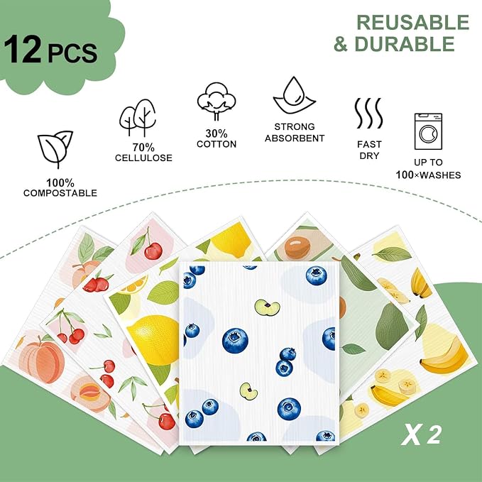 Swedish Dishcloths for Kitchen, 12 Pack Reusable Paper Towels, Super Absorbent, No Odor, Fast-Drying, Non-Scratch Cellulose Sponge Cloths for Counters Dishes Home Bar Table Wiping
