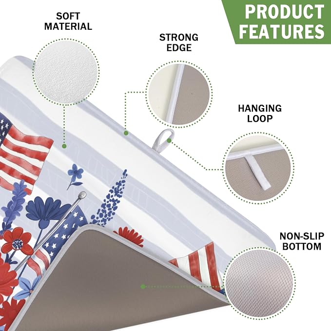 Patriotic Floral Dish Drying Mat for Kitchen Counter 4th of July American Flag Microfiber Dish Drainer Mat Red and Blue Flower Absorbent Washable Drying Pad 16"x18"