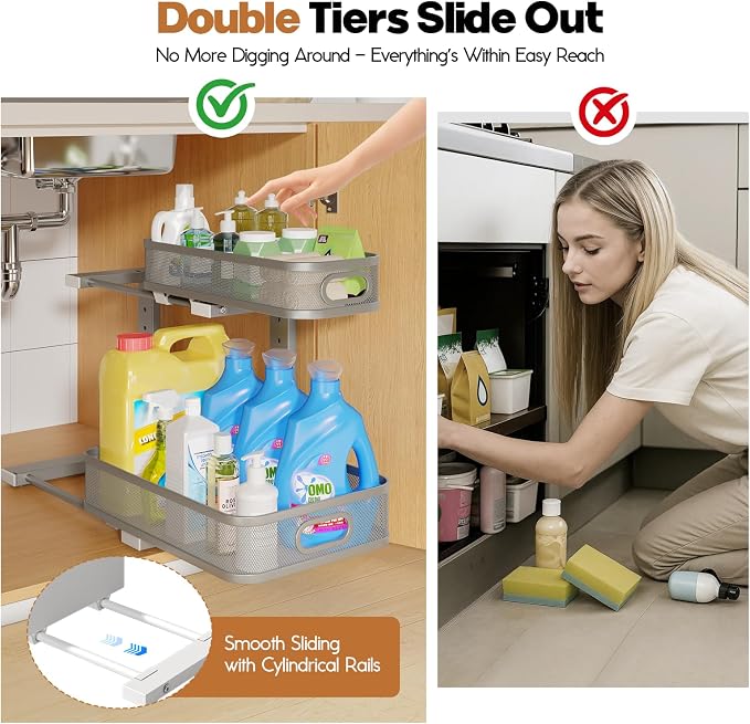 2 Pack 15.7IN-Depth Under Sink Organizer With Smooth Cylindrical Rail,2-Tier Pull Out Multi-Purpose Cabinet Storage for Bathroom&Kitchen,Height Adjustable,Rust-resistant Coating-Gun Gray