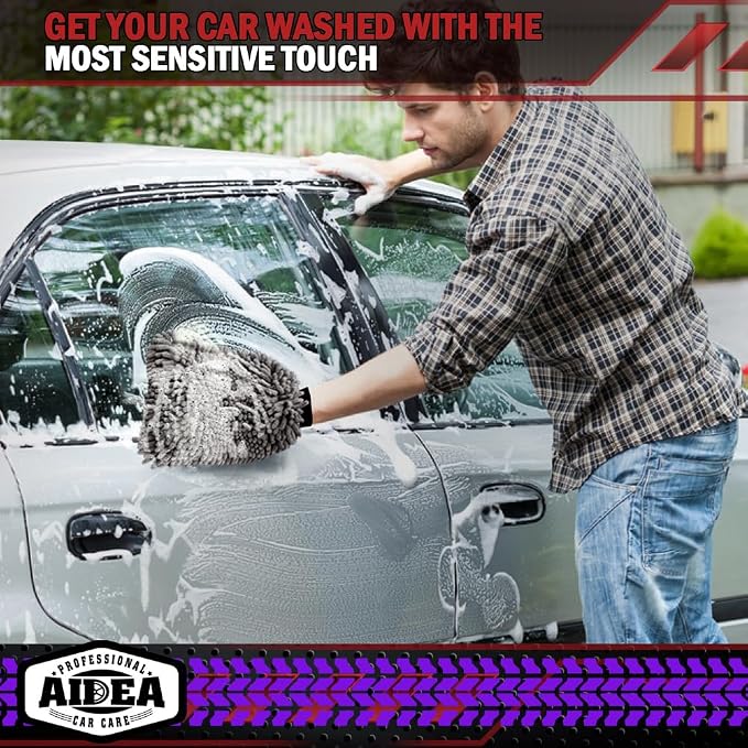 AIDEA Car Wash Mitt Microfiber, 2PK, Car Wash Brush, Grey, 7.12''X10.14'' | Scratch Free Lint Free Premium Chenille Microfiber Mitt, Cleaning Supplies, Regular Size