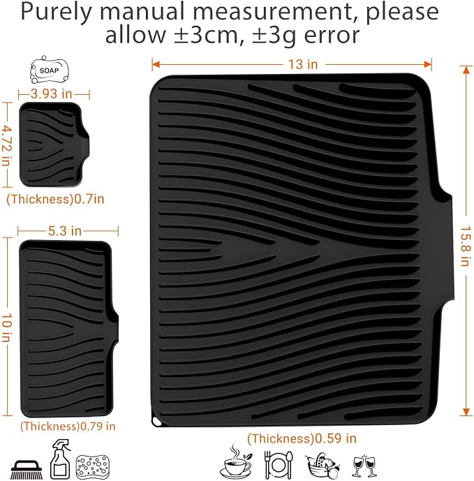 Silicone Dish Drying Mat for Kitchen Counter, 15.8"x13" Extra Large Non-Slip Drain Pad with Built-in Drainage, Heat Resistant Dishwasher Safe, Black