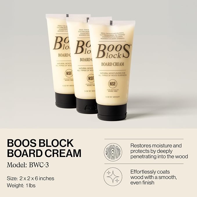 John Boos 3-Pack All-Natural Board Cream for Butcher Blocks and Cutting Boards, 5 oz - Wood Conditioner & Sealer for Maintenance and Protection, Safe Formula with Beeswax & Mineral Oil