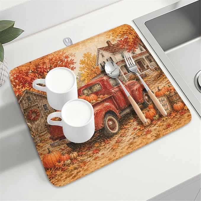 Fall Pumpkin Dish Drying Mat for Kitchen Counter Thanksgiving Autumn Harvest Pattern Microfiber Dish Drainer Mat Vintage Rustic Farmhouse Absorbent Washable Drying Pad 16"x18"