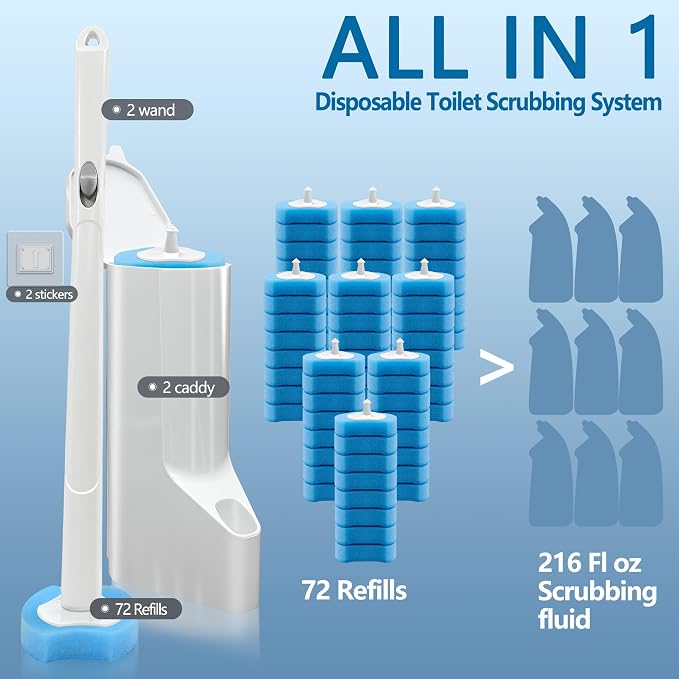 2 Pack Disposable Toilet Bowl Cleaner Wand and Holder Kit with 72 Refills | Toilet Cleaning System-2*16.81" ABS Handle Holder, 72 Replacement Heads for House, Apartment, RV Bathroom Cleaning