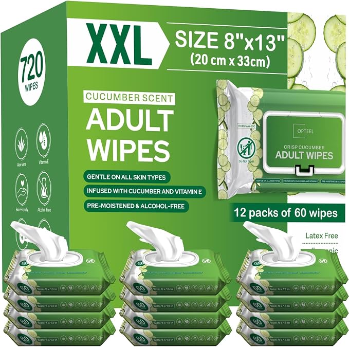 OPTEEL Wipes for Adults – Extra Large 8x13, Scented, Pre-Moistened, 720ct | Rinse-Free, Super Soft, Aloe & Vitamin E Infused Disposable Washcloths for Personal Cleansing & Incontinence Care