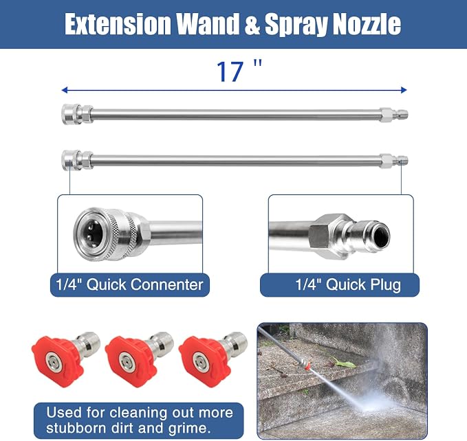 JANZ 16'' Pressure Washer Surface Cleaner | 4 Wheels, Stainless Steel Housing, 1/4''Quick Plug, 2 Extension Wands, 2 Replacement Nozzles and 3 Spray Nozzles,4000 PSI