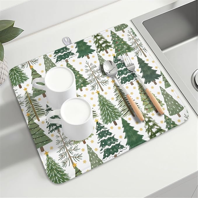 Christmas Dish Drying Mat 16x18 Inch Green Xmas Tree Winter Snowflake | Polyester，Absorbent Microfiber，for Kitchen Coffee Dining Bar Decor