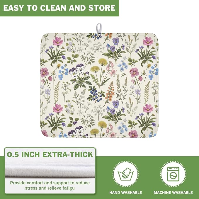 Rustic Botanical Print Floral Dish Drying Mat 16x18 Inch | Polyester，Absorbent Microfiber，for Kitchen Coffee Dining Bar Decor