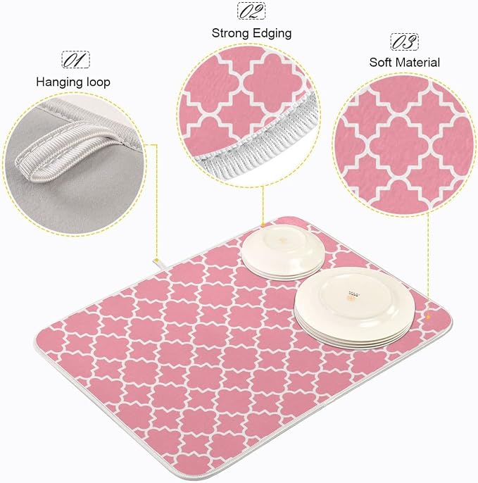 Super Absorbent Dish Drying Mat, Microfiber Fast-Drying Dish Mat, 24" x 18", Kitchen Dish Drying Pad, Pink Moroccan