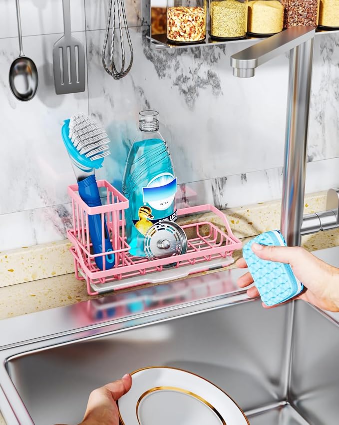 Consumest Sponge Holder for Kitchen Sink - Kitchen Sink Caddy Organizer with Removable Drip Tray for Countertop Dish Soap Dispenser Brush Storage Accessories 304 Stainless Steel, Pink