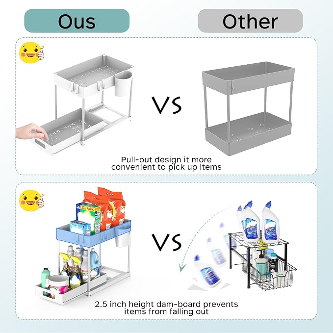 2 Pack Under Sink Organizer with Pull-Out Drawer, White | 2-Tier Cabinet Storage, Kitchen & Bathroom, Tool-Free Assembly, Fits Cleaning Supplies & Toiletries, Space Saving