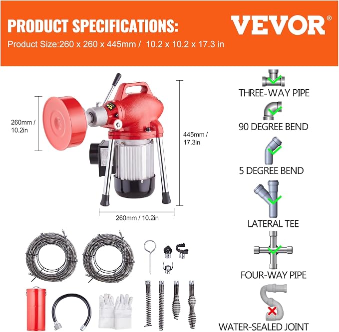 VEVOR Drain Cleaner Machine 120FT x 5/8 Inch, 370W Electric Sewer Snake Auger Manual Feed - with 2 Sectional Steel Cables(120' x 5/8" and 23' x 3/8"), 7 Cutters and CW/CCW Control for 1.6" to 4" Pipes