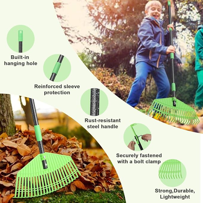Plastic Leaf Rake with Adjustable 65'' Handle - Lightweight Outdoor Yard Rakes for Leaves,Grass & Pine Needle,Mulch,Gentle On Lawn Garden - Easy to Use for Women,Seniors & Kids