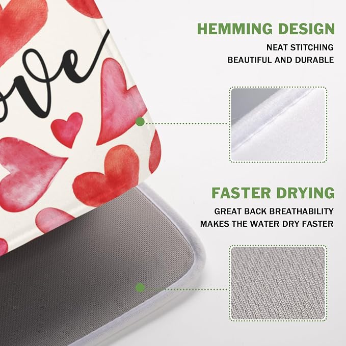 Valentine's Day Red and Pink Heart Dish Drying Mat 16x18 Inch | Polyester，Absorbent Microfiber，for Kitchen Coffee Dining Bar Decor