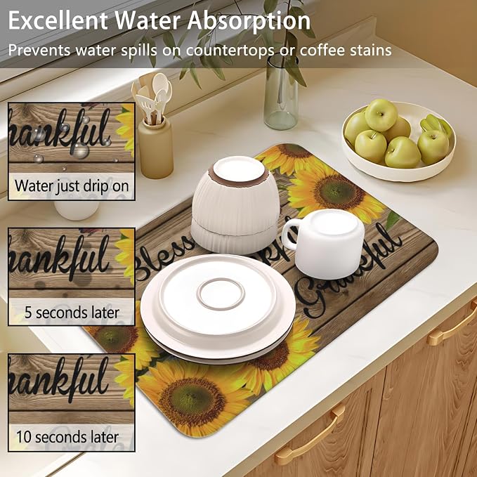 Dish Drying Mat 2-Pack in Sunflower Wood for Kitchen Counter Dishes Mat | Diatom Mud Mats (18x24, 19.5x12"). Non-slip rubber back for kitchen counter, coffee bar & sink scenes