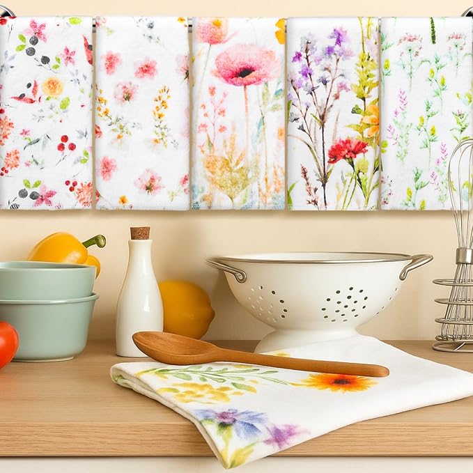 6 Pack Reusable Cleaning Cloths Washable Cotton Kitchen Dish Towels for Home Party Supplies Bulk, 9.84x11.81in (Wildflowers)