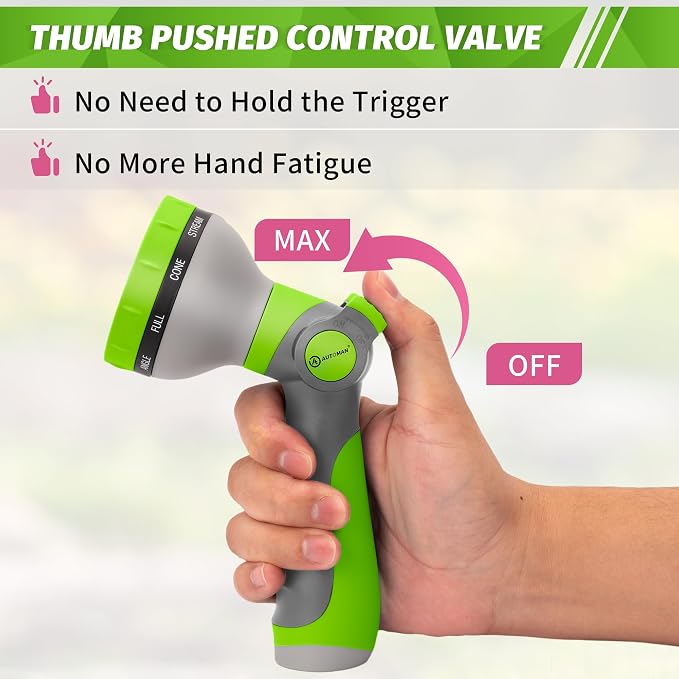 AUTOMAN Garden Hose Nozzle Sprayer - 10 Spray Patterns, 2 Pack Thumb Control Water Hose Nozzle Outdoor, Heavy Duty Spray Nozzles for Watering Garden, Cleaning Window, Washing Car, Showering Pets