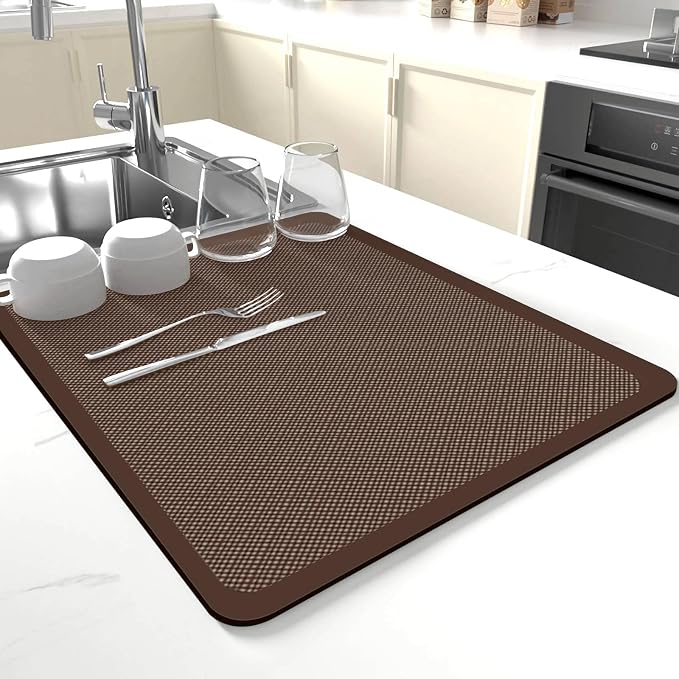Dish Drying Mat for Kitchen Counter,Drying Mat for Dish Rack,Absorbent Hide Stain Rubber Mat,Coffee Mat, Kitchen Counter Mat(Brown Style, 12"x19")