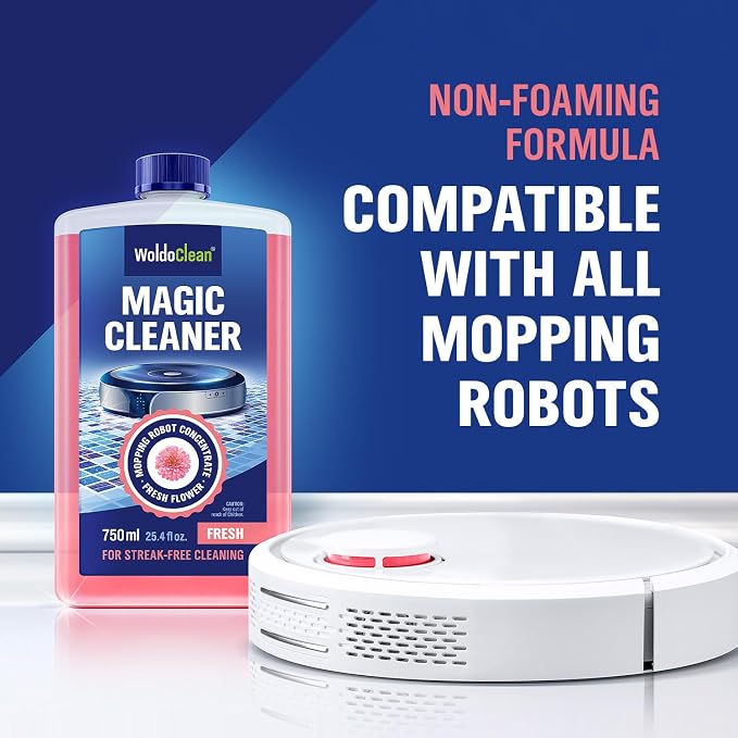 WoldoClean Robot Mop Cleaning Solution 25.4 fl.oz - Hard Floor Cleaner Liquid Concentrate, Anti-Clog, Fresh Scent, Compatible with Roborock, Dreame, Roomba, Tineco, iRobot Braava Jet, Shark