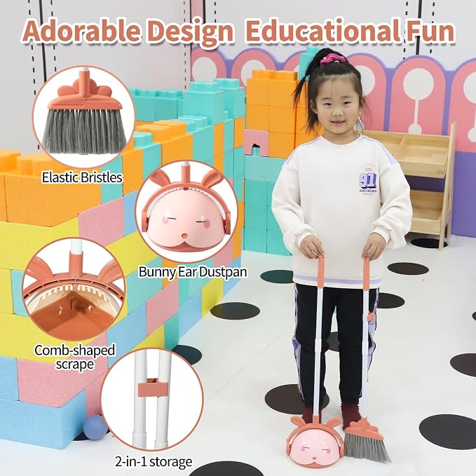 Midoneat Kids Cleaning Toy Set, Mini Child Broom, Mop and Dustpan, Little Housekeeping Helper Set ,Pretend Home Cleaning Play Set for Toddler Height 75-115cm ,6pcs (Pink)