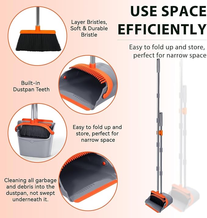 YZO Broom with Dustpan Combo Set, 56.1-Inch Long Handle Standing Design, Dustpan Front Rubber Tight Seal, Broom with 5-Layer Bristles, Suitable for Indoor Outdoor(Gray&Orange)