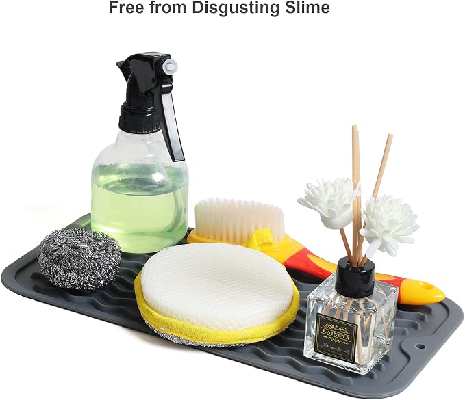 ZLR 2 Pcs Silicone Sink Caddy Tray (6" x 12") 2-Packs - Narrow Sponge Holder for Kitchen Counter - Waterproof Dish Drying Mat, Non-Slip Soap Dispenser Mat & Bathroom Vanity Organizer (Dark Gray)