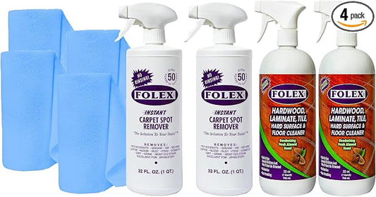 FOLEX Instant Carpet Spot Remover Carpet Cleaner and Hardwood, Laminate, Tile & Floor Cleaner with 4x Reusable Cleaning Cloth Bundle - 2 Pack
