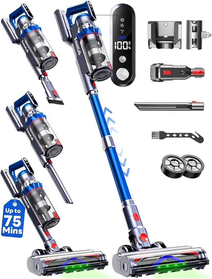 Cordless Vacuum Cleaner, 75Mins/55KPa/650W, Rechargeable | 10 Stage Filtration, Cone Filtration&Anti-Tangle, Extra Washable HEPA Filter, for Hard Floor, Carpet, Pet Hair, Freestanding