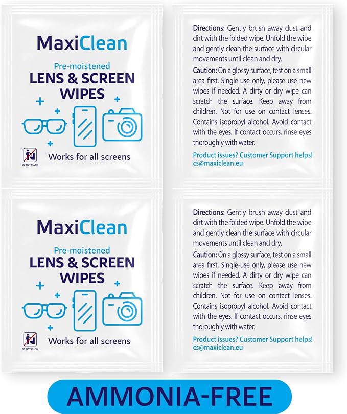 Lens Wipes for Eyeglasses – 200 Lens Wipes Individually Wrapped, Pre-moistened Eyeglass Cleaning Wipes, for Glasses Cleaner, Sunglasses, Camera Lenses, Laptop Screens, Phones, Happy Eye Glasses