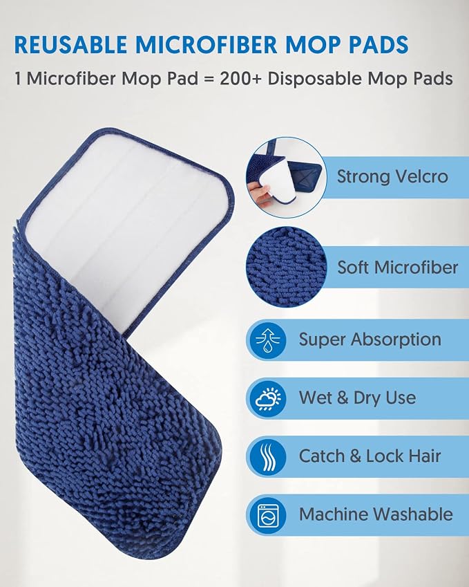 BPAWA Microfiber Mops for Floor Cleaning: Flat Mop for Wood Laminate Tile | 4 Washable Chenille Pads fit for Swiffer PowerMop, 59" Adjustable Handle, Dry Wet Mopping Home Hardwood Vinyl Multi-surfaces