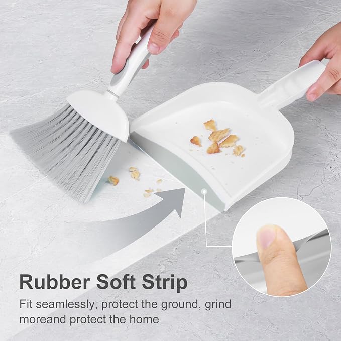 NACENA Small Dust Pan and Brush Set, Mini Broom and Dustpan Set, White&Gray | Small Hand Broom and Brush Combo Dust Pan with Teeth for Home Cleaning Drawers Desktop Sofas and Outdoor