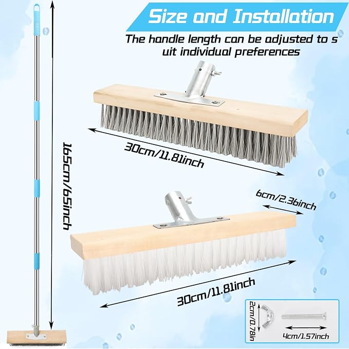LINMAGOCO Stainless Steel Wire Scrub Brush with 63" Long Handle,12IN Outdoor Garden Broom, with a Wire Brush and a Soft Bristle Brush for Garden, Patio, Garage, Moss,Algae,Grime Remover