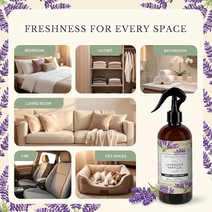 Abbey & Sullivan Linen Spray, Lavender Vanilla, Fabric Freshener and Odor Eliminator, Pack of 2, 16 oz