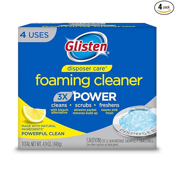Glisten Garbage Disposal Cleaner and Odor Eliminator with Foaming Action, Removes Buildup and Cleans, Lemon Scent, 4 Uses