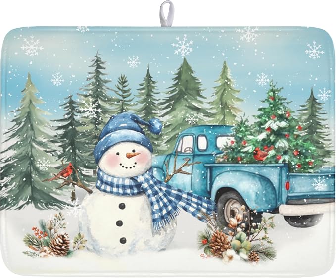 Giwawa Winter Snowman Blue Dish Drying Mat Xmas Truck Dishes Pad 18"x24" Microfiber Absorbent Drainer Rack Mats Protector for Kitchen Counter Sink