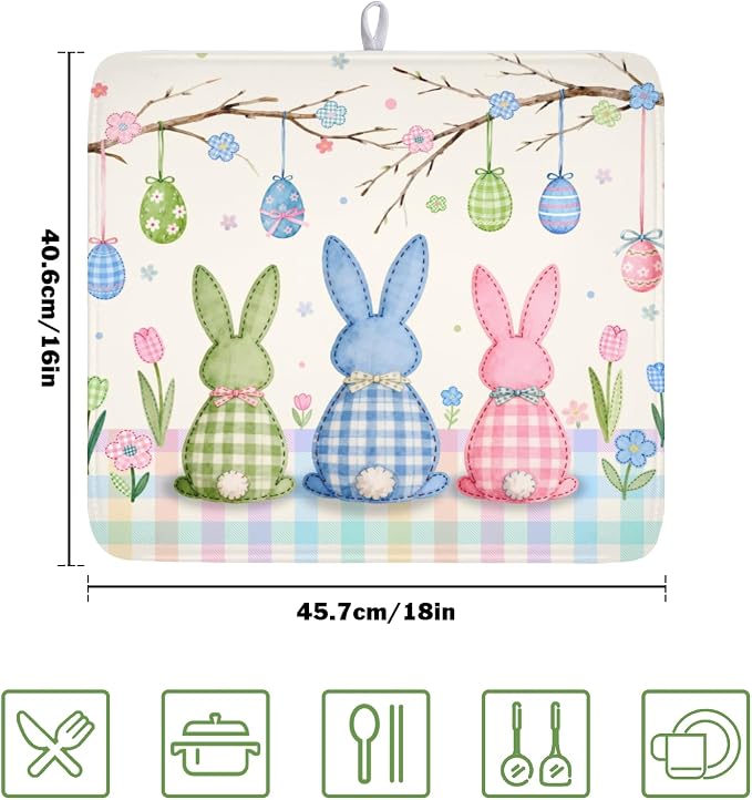 Easter Bunny Dish Drying Mat for Kitchen Counter 16 x 18 Inch Rabbit Eggs Dish Drainer Mat Absorbent Microfiber Dish Rack Pad for Spring Holiday Coffee Dining Bar Decor