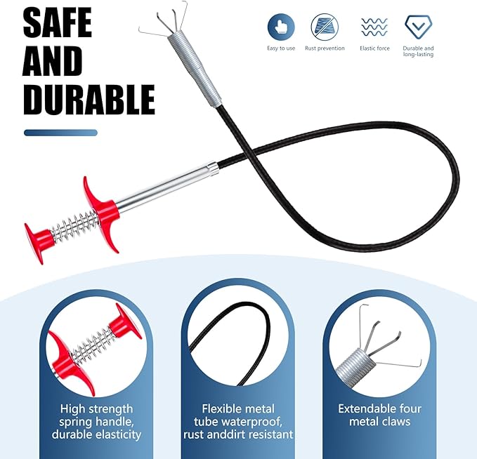 Flexible Grabber Claw (4 Claws), Drain Snake with Tweezers, Bendable Hose Grabber Reacher Tool, Retractable Drain Clog Remover Tool, Pickup Tool for Bath Tub, Toilet, Kitchen Sink & Sewer (35 inches)