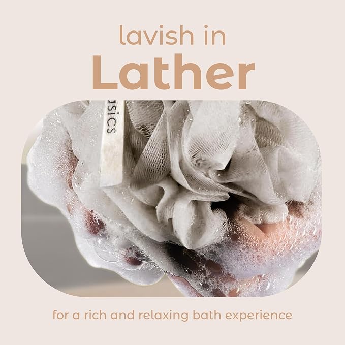 MainBasics Shower Loofah Sponge Pouf, Set of 3, Totally Taupe | Soft Mesh Body Scrubber and Bath Sponge for Gentle Exfoliation, Rich Lather, and Everyday Shower Use